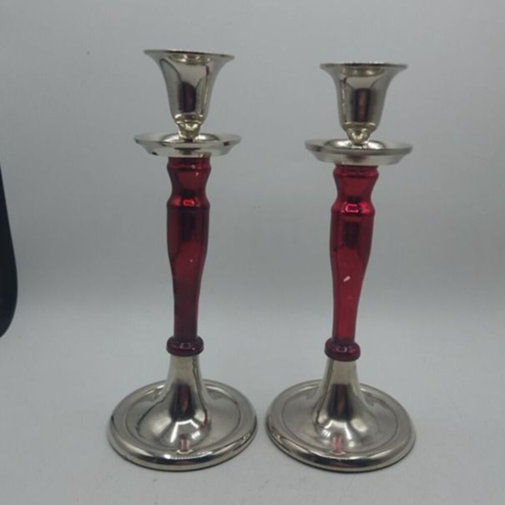 Vintage Pair of Silver and Red Candle Stick Holders